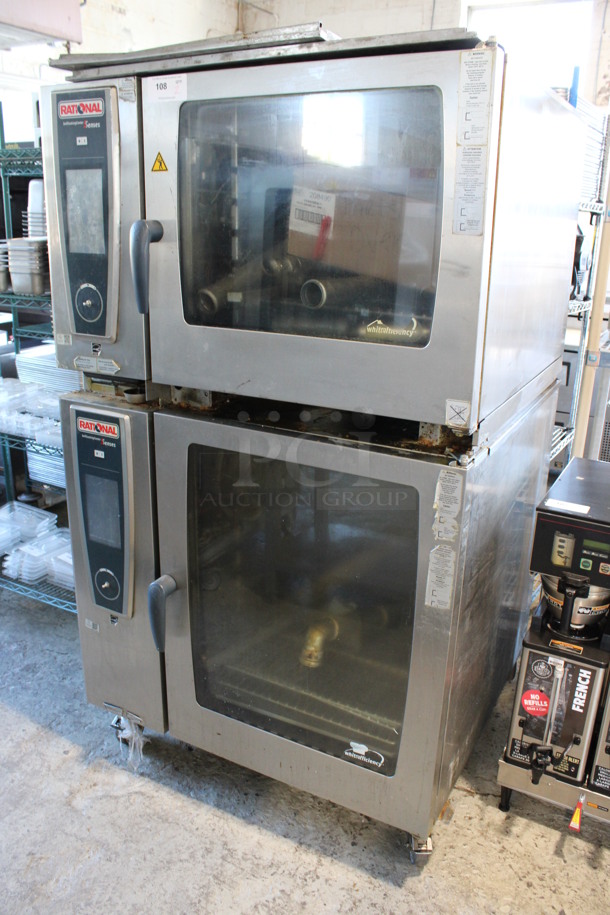 2 Rational 5Senses Stainless Steel Commercial Combitherm Self Cooking Center Convection Ovens on Commercial Casters. Top Model: SCC WE 62. Bottom Model: SCC WE 102. 480 Volts, 3 Phase. 42x40x73. 2 Times Your Bid!