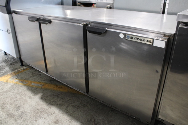 Beverage Air Model UCR72AY Stainless Steel Commercial 3 Door Undercounter Cooler on Commercial Casters. 115 Volts, 1 Phase. 72x30x31. Tested and Working!