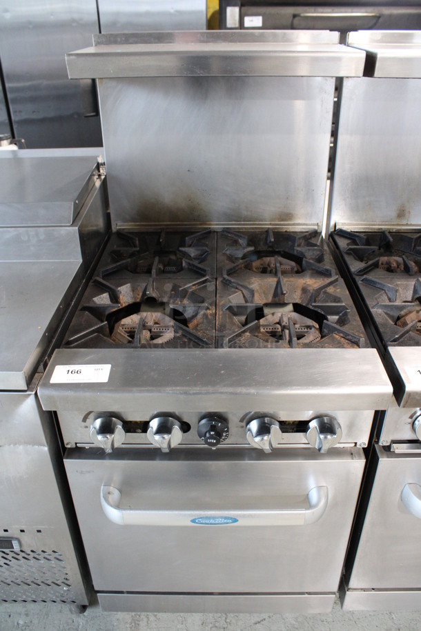 Cook Rite Stainless Steel Commercial Natural Gas Powered 4 Burner Range w/ Oven, Over Shelf and Back Splash. 24x31x57
