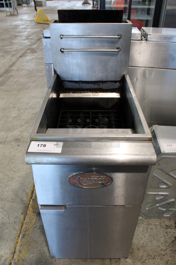 2015 Avantco Model FF400-N Stainless Steel Commercial Floor Style Natural Gas Powered Deep Fat Fryer on Commercial Casters. 120,000 BTU. 15.5x30x47