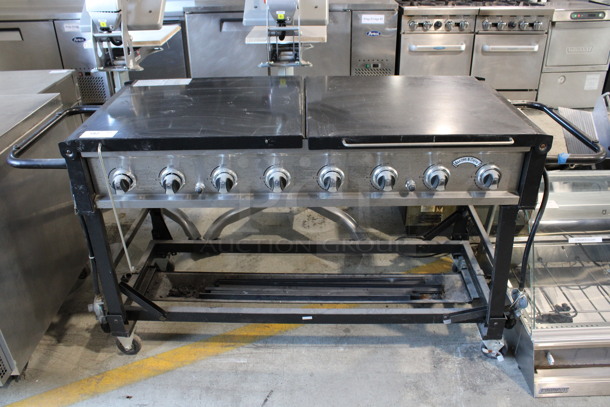 Bakers & Chefs Stainless Steel Commercial Floor Style Portable Propane Gas Powered Catering Charbroiler Grill w/ 2 Half Size Lids on Commercial Casters. 78x26x37