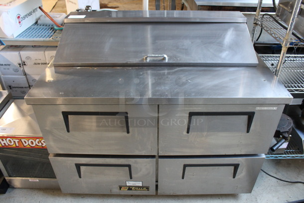 2012 True Model TSSU-48-12D-4 Stainless Steel Commercial Countertop Sandwich Salad Prep Table w/ 4 Drawers on Commercial Casters. 115 Volts, 1 Phase. 48x30x42. Tested and Powers On But Does Not Get Cold