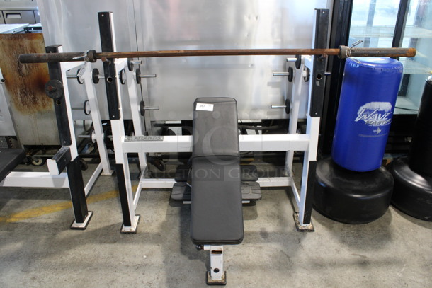 Atlantis White Metal Floor Style Incline Bench Press Machine w/ Olympic Bar. 64x49x55