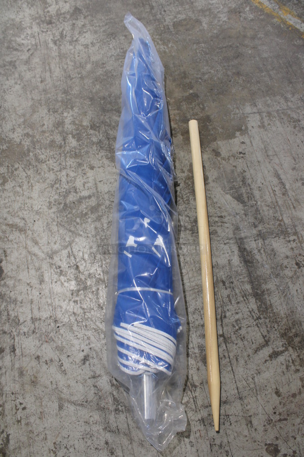 2 BRAND NEW IN BOX! Panama Jack Blue Patio Umbrellas w/ 4 Wooden Posts. 55