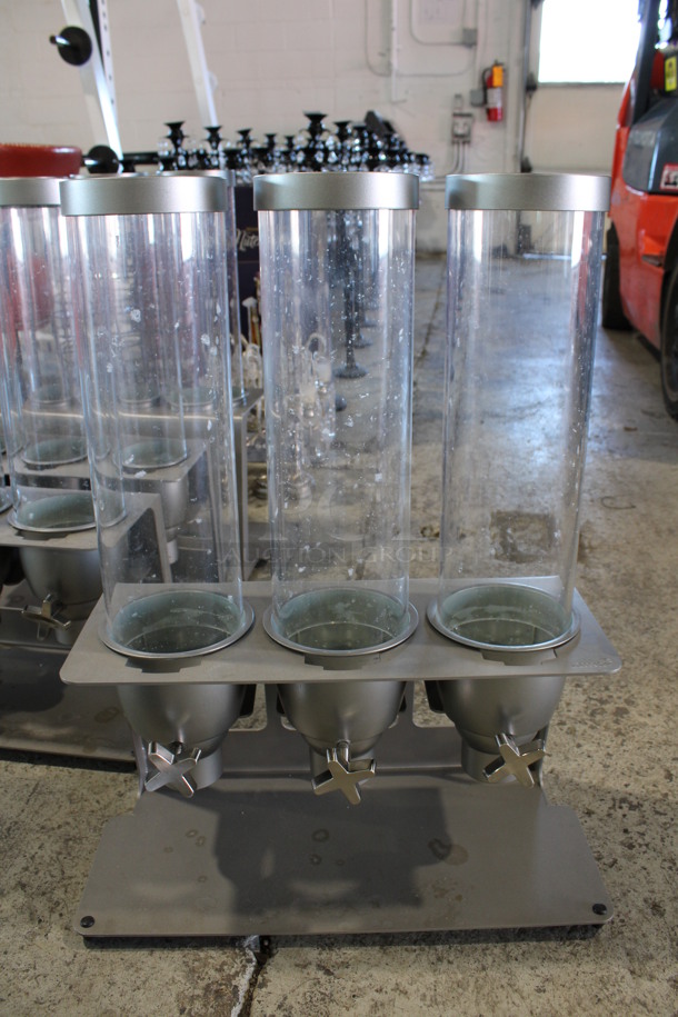 2 Gray Metal Topping Dispensers w/ 3 Poly Clear Chutes. 20x9.5x26. 2 Times Your Bid!
