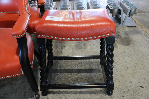 Black Wooden Stool w/ Orange Seat Cushion w/ Upholstery Nail / Stud Trim. 23x16x24