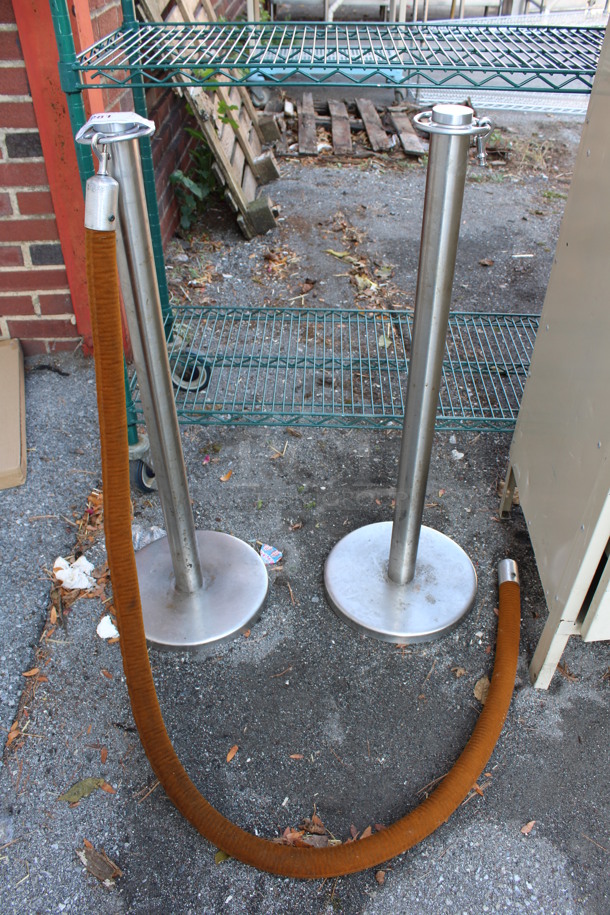 2 Chrome Finish Stanchions w/ 1 Rope. 12x12x34. 2 Times Your Bid!