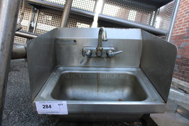 Stainless Steel Commercial Wall Mount Single Bay Sink w/ Faucet, Handles and Side Splash Guards. 17x15x15