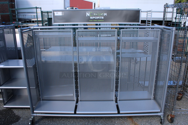 Gray Metal Portable Double Sided Display Merchandiser Rack on Commercial Casters. 77x27x64.5