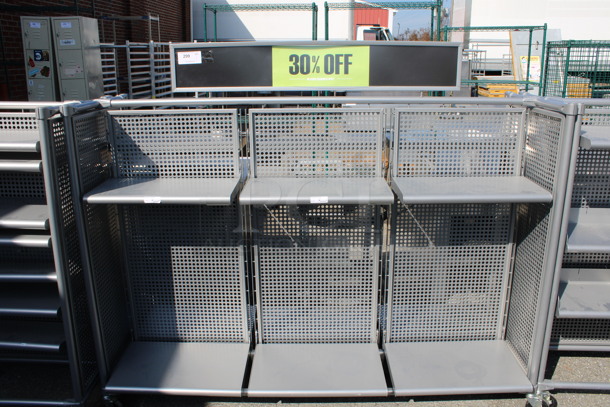 Gray Metal Portable Double Sided Display Merchandiser Rack on Commercial Casters. 77x27x64.5
