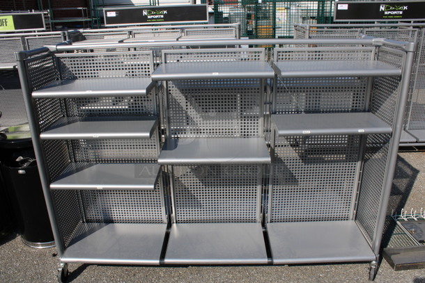 Gray Metal Portable Double Sided Display Merchandiser Rack on Commercial Casters. 77x27x56