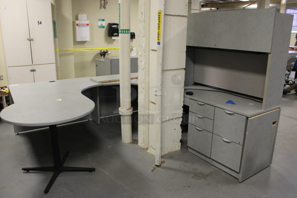 Gray U Shaped Desk Set Up w/ Hutch, 3 Drawer Filing Cabinet and 2 Drawer Filing Cabinet. 100x103x67. (Room 130)