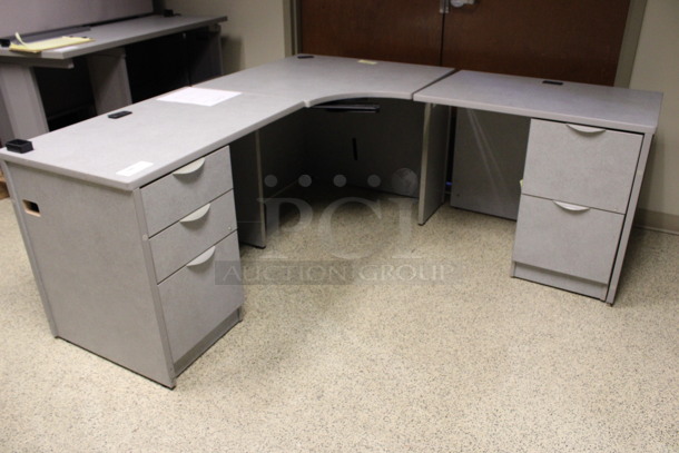 Gray L Shaped Desk Set Up w/ 3 Drawer Filing Cabinet and 2 Drawer Filing Cabinet. 72x72x29. (Hallway)
