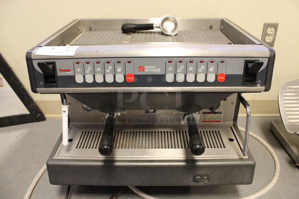 Nuova Simonelli Model Premier Stainless Steel Commercial Countertop 2 Group Espresso Machine w/ 2 Steam Wands and 3 Portafilters. 208-240 Volts, 1 Phase. 25x21x22. (Room 130)