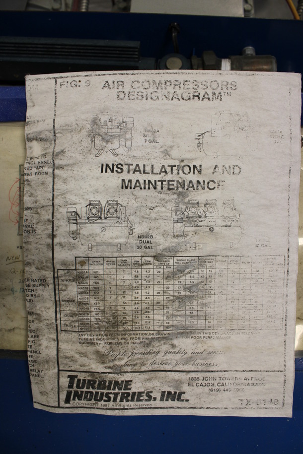Turbine Industries Blue Metal Commercial Air Compressor. 208/230 Volts, 1 Phase. 48x20x35. (Room 130) - Image 10 of 11