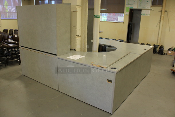Gray U Shaped Desk Set Up w/ Hutch, 3 Drawer Filing Cabinet and 2 Drawer Filing Cabinet. 100x103x67. (Room 130) - Image 3 of 5