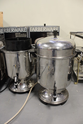 ALL ONE MONEY! Lot of 4 Stainless Steel Percolating Urn. 2 Have Lids and 2 Do Not Have Lids. Comes w/ 4 Extra Black Poly Inserts. 13x11x19. (Room 130)