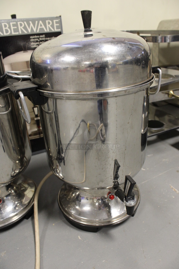 ALL ONE MONEY! Lot of 4 Stainless Steel Percolating Urn. 2 Have Lids and 2 Do Not Have Lids. Comes w/ 4 Extra Black Poly Inserts. 13x11x19. (Room 130) - Image 2 of 5