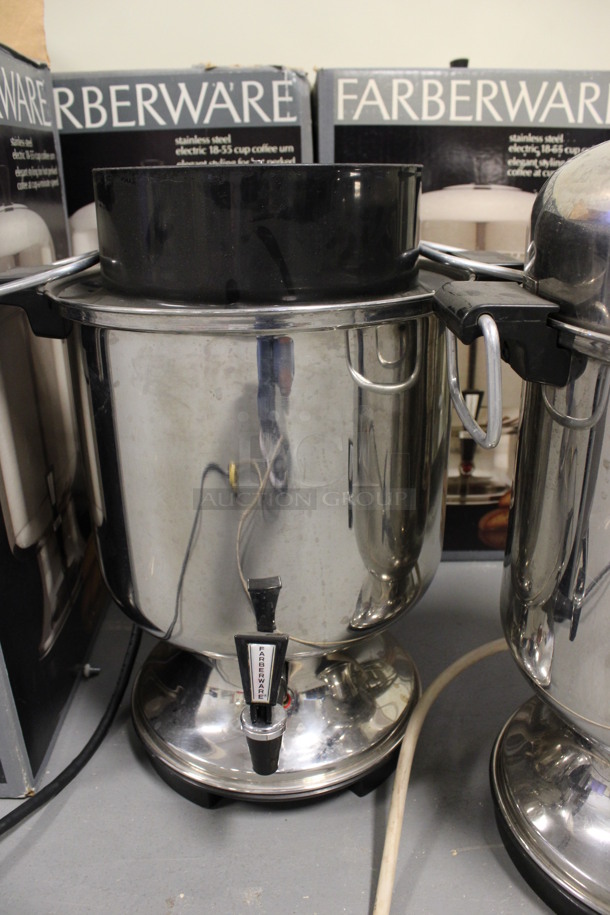 ALL ONE MONEY! Lot of 4 Stainless Steel Percolating Urn. 2 Have Lids and 2 Do Not Have Lids. Comes w/ 4 Extra Black Poly Inserts. 13x11x19. (Room 130) - Image 3 of 5