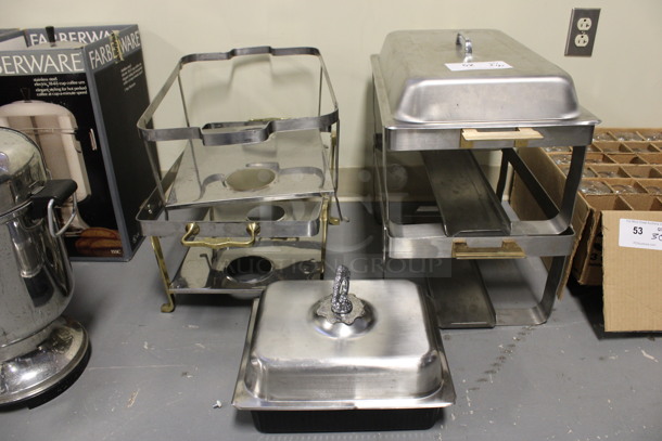 ALL ONE MONEY! Lot of 4 Various Full Size Metal Chafing Dishes w/ 1 Lid. Comes w/ Half Size Bin and Lid. Includes 14x25x9. (Room 130)