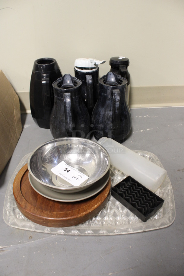 ALL ONE MONEY! Lot of 5 Various Black Poly Coffee Urns, Clear Tray, Wooden Tray and Metal Bowl! (Room 130)