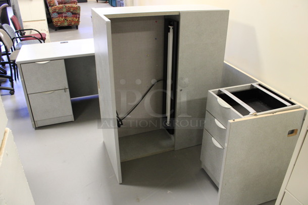 Gray L Shaped Desk Set Up w/ Hutch, 3 Drawer Filing Cabinet and 2 Drawer Filing Cabinet. 85x74x67. (Room 130)