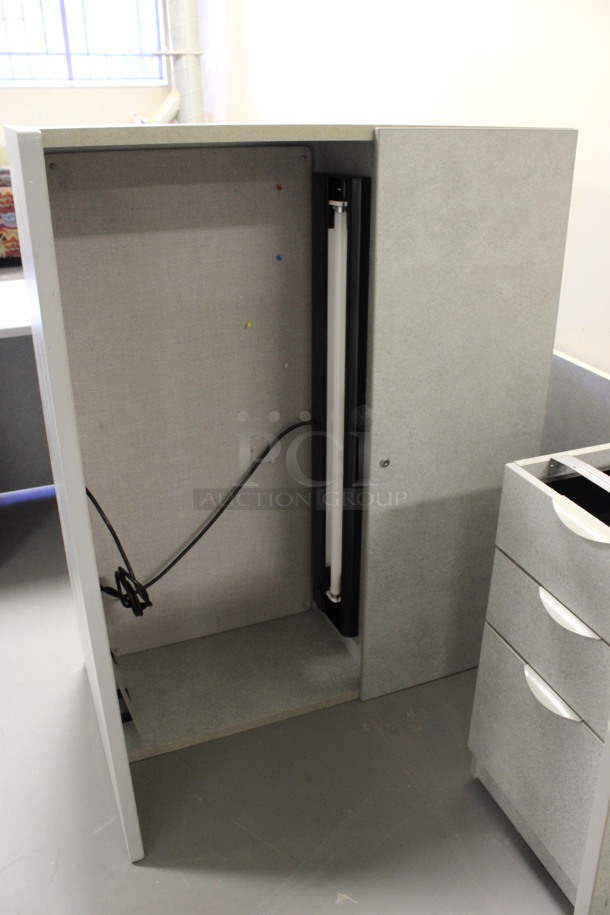 Gray L Shaped Desk Set Up w/ Hutch, 3 Drawer Filing Cabinet and 2 Drawer Filing Cabinet. 85x74x67. (Room 130) - Image 3 of 5