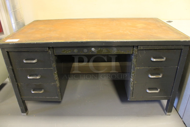Metal Desk w/ Wood Pattern Desktop and 6 Drawers. 60x34x31. (Room 130) - Image 1 of 8