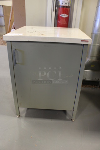 Gray Metal Counter w/ Door and Shelf. 21x21x28. (Room 130)