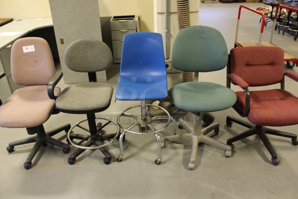 ALL ONE MONEY! Lot of 5 Various Office Chairs on Casters; Pink, Tan, Blue, Green and Maroon. Includes 24x29x38. (Room 130)