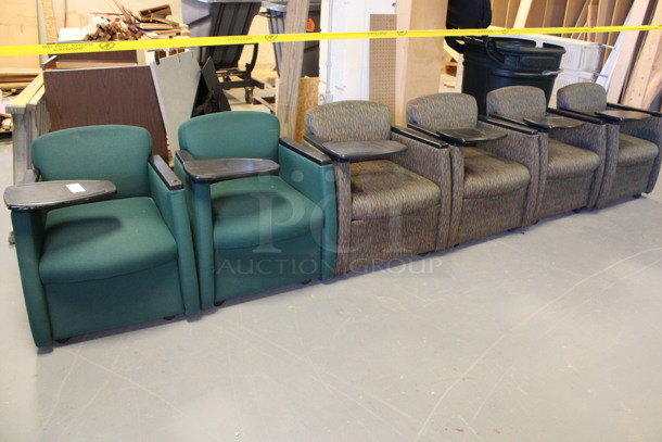 ALL ONE MONEY! Lot of 6 Chairs w/ Small Movable Desktop on Arm Rest on Casters. 2 Green and 4 Patterned. 27x26x30. (Room 130)