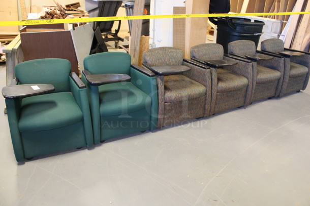 ALL ONE MONEY! Lot of 6 Chairs w/ Small Movable Desktop on Arm Rest on Casters. 2 Green and 4 Patterned. 27x26x30. (Room 130) - Image 1 of 7