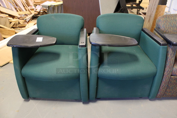 ALL ONE MONEY! Lot of 6 Chairs w/ Small Movable Desktop on Arm Rest on Casters. 2 Green and 4 Patterned. 27x26x30. (Room 130) - Image 2 of 7
