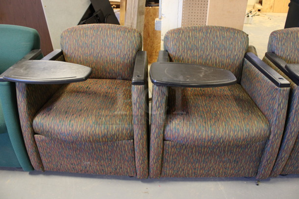 ALL ONE MONEY! Lot of 6 Chairs w/ Small Movable Desktop on Arm Rest on Casters. 2 Green and 4 Patterned. 27x26x30. (Room 130) - Image 3 of 7