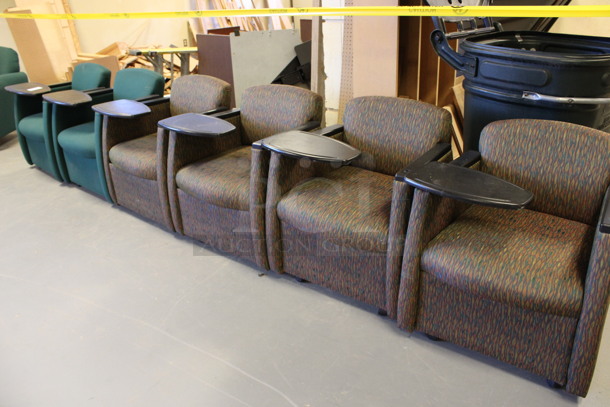 ALL ONE MONEY! Lot of 6 Chairs w/ Small Movable Desktop on Arm Rest on Casters. 2 Green and 4 Patterned. 27x26x30. (Room 130) - Image 5 of 7