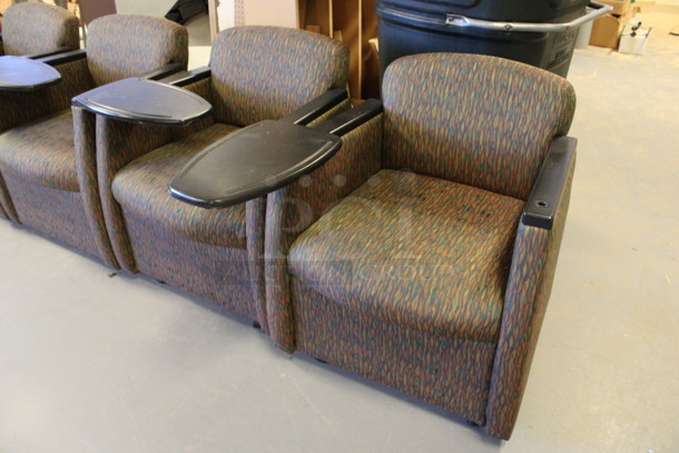 ALL ONE MONEY! Lot of 6 Chairs w/ Small Movable Desktop on Arm Rest on Casters. 2 Green and 4 Patterned. 27x26x30. (Room 130) - Image 6 of 7
