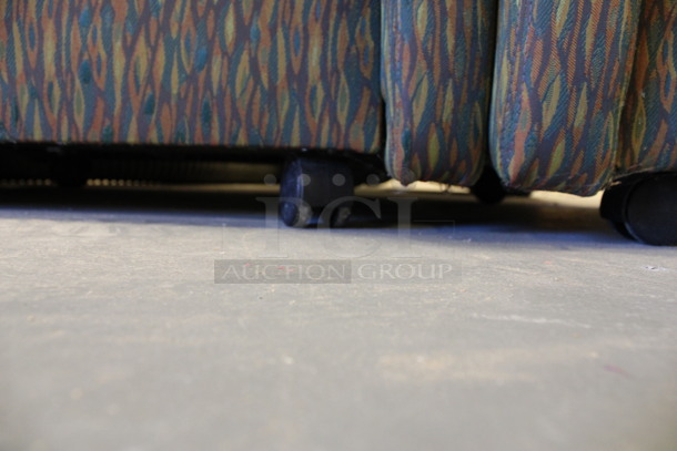 ALL ONE MONEY! Lot of 6 Chairs w/ Small Movable Desktop on Arm Rest on Casters. 2 Green and 4 Patterned. 27x26x30. (Room 130) - Image 7 of 7