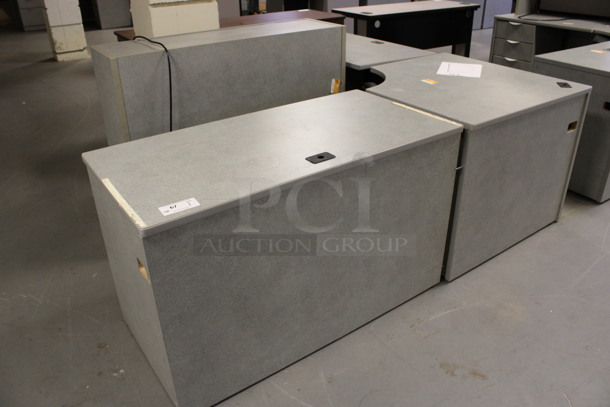 Gray L Shaped Desk Set Up w/ Hutch, 3 Drawer Filing Cabinet and 2 Drawer Filing Cabinet. 85x74x67. (Room 130) - Image 1 of 4