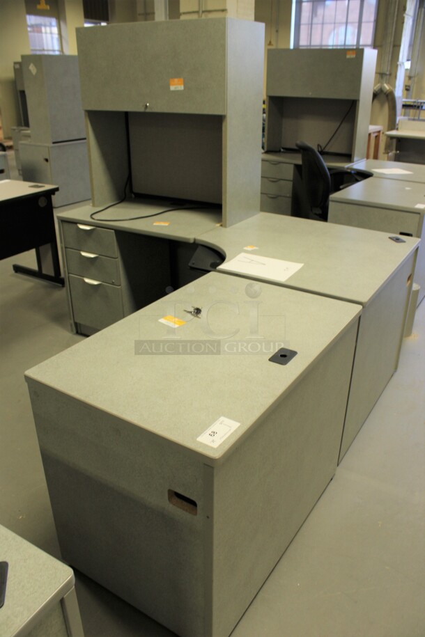 Gray L Shaped Desk Set Up w/ Hutch, 3 Drawer Filing Cabinet and 2 Drawer Filing Cabinet. 72x72x67. (Room 130) - Image 1 of 5