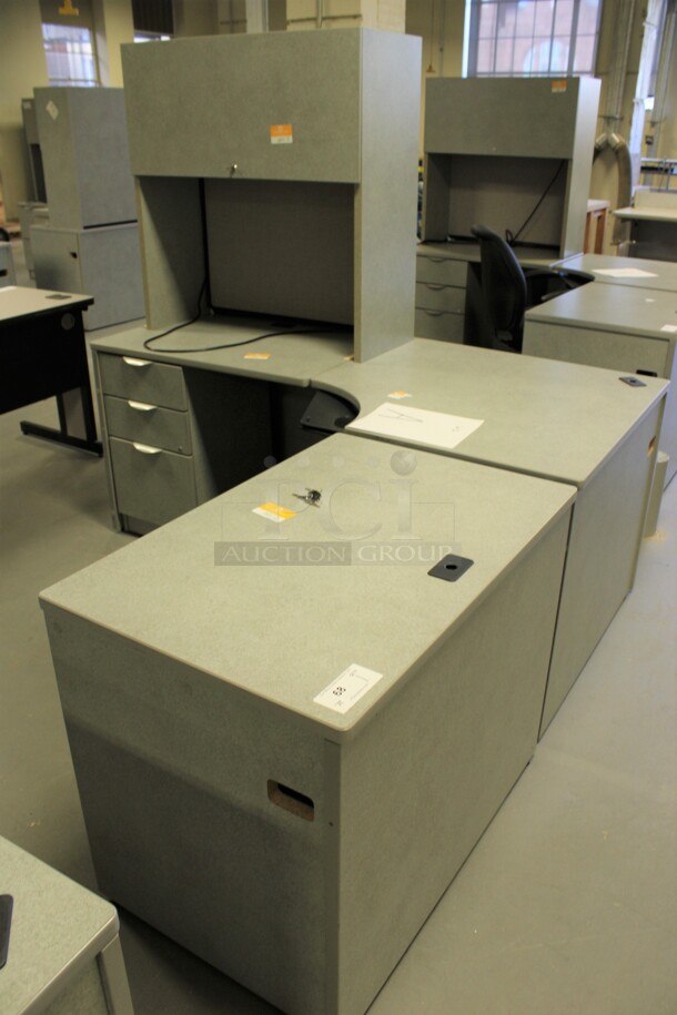 Gray L Shaped Desk Set Up w/ Hutch, 3 Drawer Filing Cabinet and 2 Drawer Filing Cabinet. 72x72x67. (Room 130)