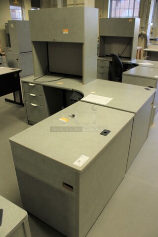 Gray L Shaped Desk Set Up w/ Hutch, 3 Drawer Filing Cabinet and 2 Drawer Filing Cabinet. 72x72x67. (Room 130)