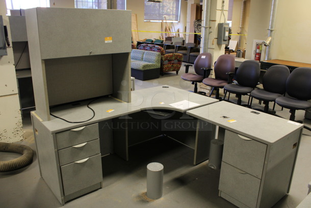 Gray L Shaped Desk Set Up w/ Hutch, 3 Drawer Filing Cabinet and 2 Drawer Filing Cabinet. 72x72x67. (Room 130) - Image 4 of 5