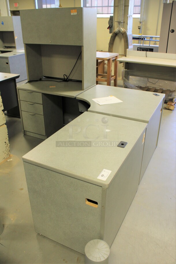 Gray L Shaped Desk Set Up w/ Hutch, 3 Drawer Filing Cabinet and 2 Drawer Filing Cabinet. 72x72x67. (Room 130) - Image 1 of 5