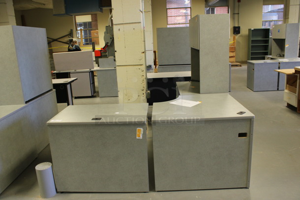 Gray L Shaped Desk Set Up w/ Hutch, 3 Drawer Filing Cabinet and 2 Drawer Filing Cabinet. 72x72x67. (Room 130) - Image 2 of 5