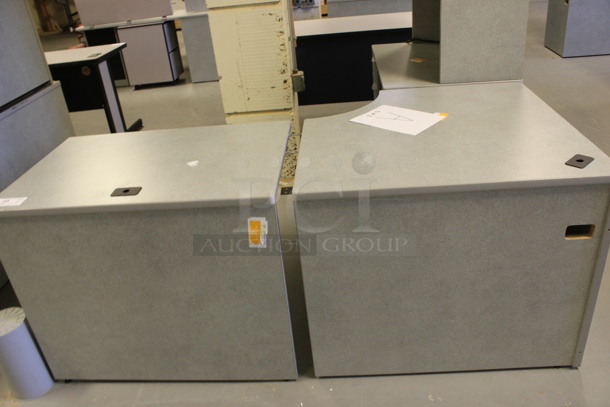 Gray L Shaped Desk Set Up w/ Hutch, 3 Drawer Filing Cabinet and 2 Drawer Filing Cabinet. 72x72x67. (Room 130) - Image 3 of 5