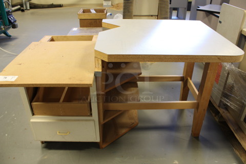 Wood Pattern Multi Level Table w/ Drawer and Under Shelves. 53x33x34. (Room 130)