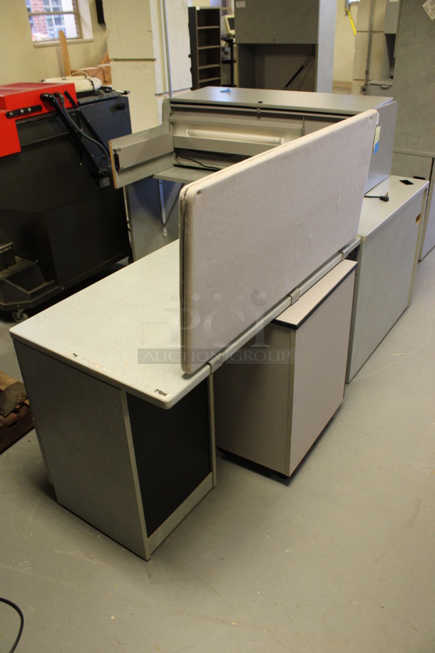 ALL ONE MONEY! Lot of Various Gray Desk Pieces Including Hutch, Desktop and Filing Cabinet. 64x84x64. (Room 130)
