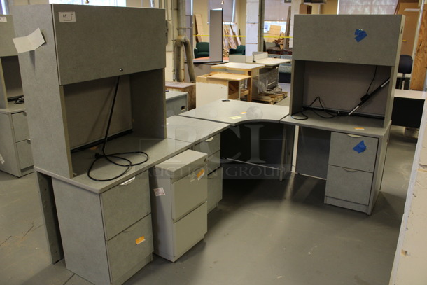 Gray L Shaped Desk Set Up w/ 2 Hutches, 3 Drawer Filing Cabinet and Three 2 Drawer Filing Cabinet. 96x72x67. (Room 130)