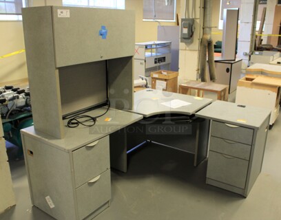 Gray L Shaped Desk Set Up w/ Hutch, 3 Drawer Filing Cabinet and 2 Drawer Filing Cabinet. 72x60x67. (Room 130)
