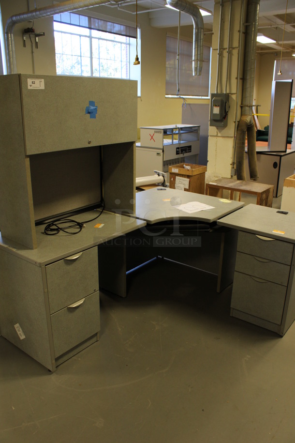 Gray L Shaped Desk Set Up w/ Hutch, 3 Drawer Filing Cabinet and 2 Drawer Filing Cabinet. 72x60x67. (Room 130) - Image 2 of 6